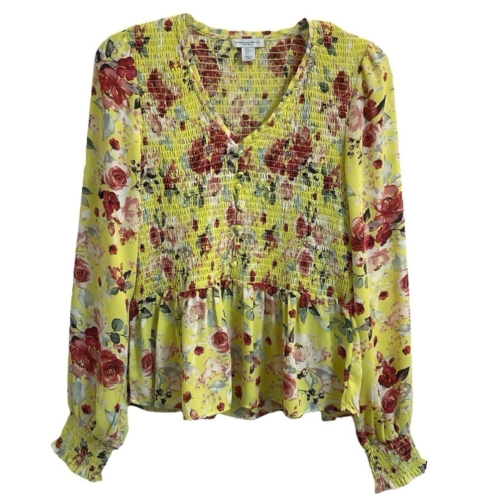 Carolina Belle Yellow Floral Smocked Cottagecore Peplum Blouse Size Women Small